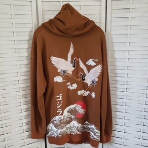 Brown Hoodie with Crane and Wave Design